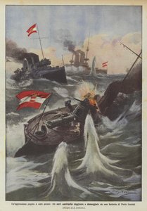 An aggression paid at a high price, three Austrian ships reached and damaged by a battery from Porto Corsini by Achille Beltrame