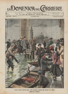 Venice Flooded by High Tide, Temporary Bridges and Boats in St. Mark