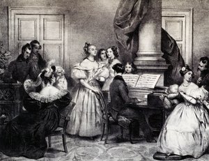 Family concert with piano, by Achille Deveria, engraving, France