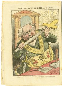 Illustration by Achille Lemot (1846-1909) in Le Pelerin, 23/05/09 - The Snake and the Lime - Antimaconism Freemasonry, Religion Faith, Christian Cross, Fables La Fontaine and others, Catholic Catholicism - Secularization Secularism Secularists - Snakes - A by Achille Lemot