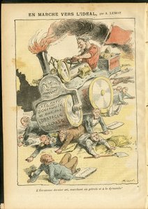 Illustration by Achille Lemot in Le Pelerin, 27/05/06 - On the march towards the ideal - Social, Automobile, Dead corpses, Revolution, Red Flag, Economy, Socialism, Pneumatic, Puncture by Achille Lemot