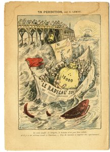 Illustration of Achille Lemot in Le Pelerin, 20/06/09 - In perdition - Radicalism, Elections, Antimaconism Freemaking, Maritime Marine Seaside, Fifteen thousand, Parliamentary indemnities, Radical and Radical Socialist Party - Fish, Shark - Ani