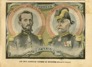 Illustration of Achille Lemot in Le Pelerin, 29/05/04 - The last two victims of the ministry - Army, Ministry of War, Patriotism - Secularization Secular Laws - Marchand Jean-Baptiste, General Generals, Jeannerod Gaspa by Achille Lemot