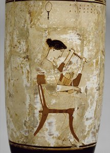 Attic white-ground lekythos decorated with a woman playing a cithara by Achilles Painter