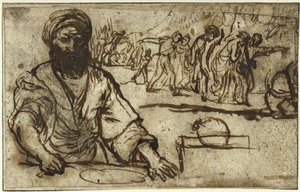 Seated Bearded Man, with Procession of People and Riders in the Background by Adam Elsheimer