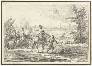Riders on a Hill in Front of a City