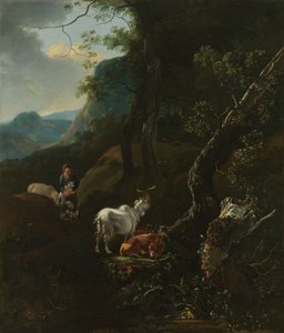 A Shepherdess with Animals in a Mountainous Landscape by Adam Pynacker