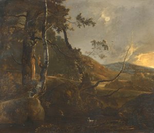 A Wooded Landscape with a Herdsman on a Path and a Lone Goat