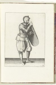 The exercise with the targe and rapier: the soldier holds the targe with the right hand and grabs the strap with the left hand (no. 3), 1618 by Adam van Breen