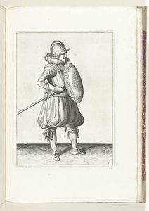 The exercise with shield and pike: the soldier brings the pike into position to drag in two movements, second movement (no. 14), 1618