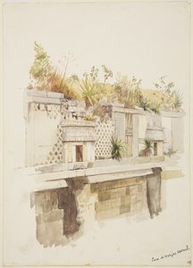 Casa de Monjas, Uxmal, Mexico Painting of the upper floor of the ruins by Adela Breton