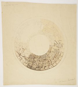 Pot Cover from Belize (formerly British Honduras) Circular Design, Part of Which is Missing, Shows a Design Including Figures of Men, Glyphs etc