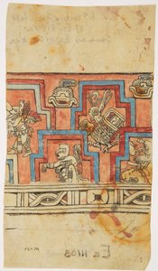 Stucco frieze at Acanceh, Mexico Black ink tracing and watercolour by Adela Breton