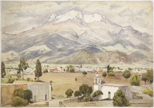 Village in the foreground and mountains behind by Adela Breton