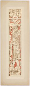 Warrior figure on the door jambs between the inner and outer chambers of the Upper Temple of the Jaguars by Adela Breton