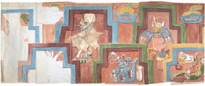 Watercolour copy of the stucco facade of the temple on the pyramid at Acanceh Figures 6-11