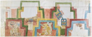 Watercolour copy of the stucco facade of the temple on the pyramid at Acanceh Figures 1-5