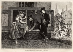A shoemaker in a Zelandan village, makes a young woman try a shoe accompanied by a young man, engraving after the drawing by Adolf Dillens, illustrating a journey to Zelande (Netherlands) by Adolf Alexander Dillens