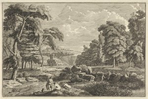 Arcadian River Landscape with Five Bathing Women and a Deer by Adolf van der Laan