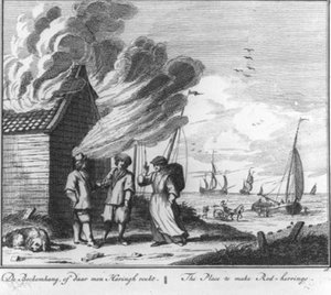 “De bockemhang, of daar men haringh rookt” (no. 16 from the herring fishing series) by Adolf van der Laan