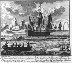 “The running of the whale when the harpoon is fast, or sitting on the Spanish wheelbarrow.” (no. 3 from the whaling series) by Adolf van der Laan