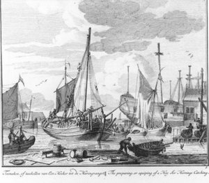 "Toemaaken, or tasking of a hooker for herring fishing." (no. 5 from the series herring fishing) by Adolf van der Laan