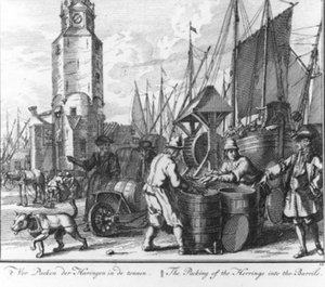 Packing the Herrings in the Barrels (no.12 from the series herring fishing) by Adolf van der Laan
