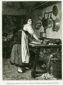 Noodle preparation. Engraving to illustrate the story A Through Alsace and Lorraine, in 1887, by Charles Grad, in the tour du monde 1888, directed by Edouard Charton, Hachette, Paris. by Adolf von Hildebrand
