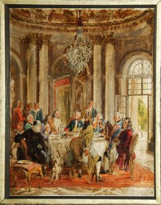 The Round Table of Frederick II of Prussia (1712-1786) with Voltaire and Christoph Ludwig von Stille at Sanssouci Palace by Adolph Menzel