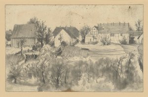 View of Barns and Farmhouses, with Low Trees and Shrubbery in the Foreground by Adolph Menzel