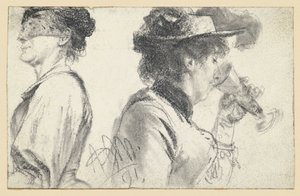 Bust of a Lady with Veil and Lady with Hat Drinking from a Glass by Adolph Menzel