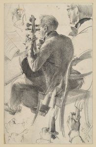 Cellist Facing Left, Seen Half from the Back. Studies of Head and Hands. Preliminary Study for the Painting "Flute Concert of Frederick the Great at Sanssouci" by Adolph Menzel