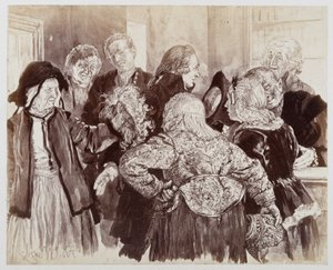 The Old Brigitte with the Wig in the Courtroom. Light pushes through the parties with the hat in hand to introduce the old woman to the councilor, to Heinrich von Kleist "The Broken Jug" by Adolph Menzel