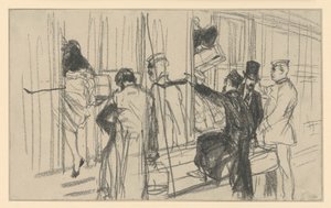 Railway passengers boarding and conductor. Platform scene by Adolph Menzel