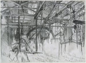 Hall in the Rolling Mill Königshütte. Study for "Iron Rolling Mill. Modern Cyclops" by Adolph Menzel