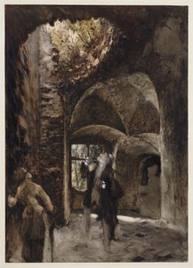 In the Ruins, a Gentleman and a Lady Stand on a Landing and Look Up at a Large Hole in the Vault