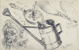 Candlestick from the Gallery in Dresden, Device from Ivory (Shoe Horn) and Mask from the Museum of Decorative Arts Berlin and Watering Can by Adolph Menzel