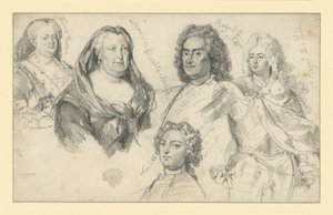 Queen Sophia Dorothea of Prussia, Empress Elizabeth of Russia, King Augustus II of Poland, King Augustus III of Poland, Louis XV of France by Adolph Menzel