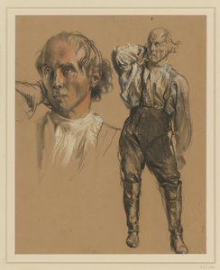 Man in Shirt, Trousers and High Boots, Standing en Face, Touching the Back of His Neck with His Right Hand, Looking Left, Left: Larger Head Study by Adolph Menzel
