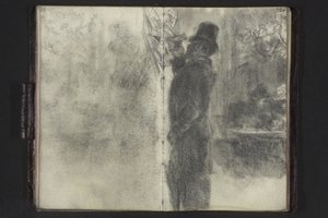 Man with Top Hat and Umbrella Examining Notes Hanging on the Wall by Adolph Menzel