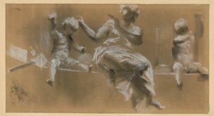 Sculptural Work on a Cornice, Allegorical Female Figure Flanked by Putti Symbolizing Painting (r.) and Sculpture (l.) by Adolph Menzel