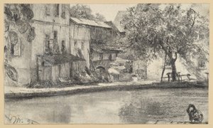 Back of a Row of Houses and Tree by the Water by Adolph Menzel