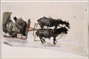 Sleigh Team with Two Horses and Coachman, Seen from Above by Adolph Menzel