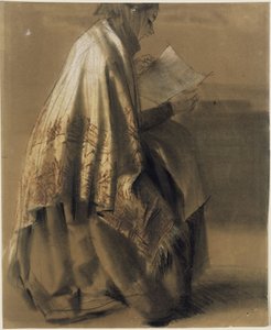 Seated Woman Reading in a Wide Shawl by Adolph Menzel