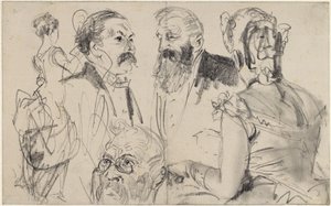 Sketch Sheet with Three Male Heads and Two Female Back Figures of an Elegant Society by Adolph Menzel