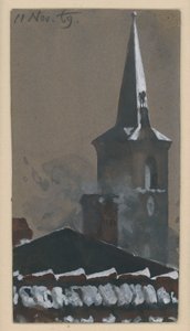 Snow-covered Tiled Roof and Church Tower by Adolph Menzel