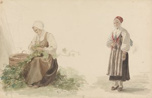 Woman Picking Oak Leaves and Kari Andersdatter by Adolph Tidemand
