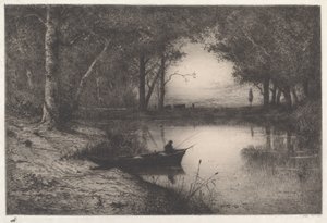 A Fisherman in a Wooded Pond at Evening by Adolphe Appian