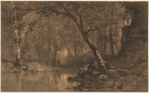 A Woodland River with a Fisherman by Adolphe Appian