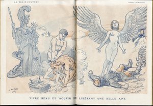 Illustration of Adolphe dit Willette (1857-1926) in Fantasio, 01/05/15 - Living beautiful and dying by releasing a beautiful soul - War of 14-18, Dead corpses, Barbary/Kultur, Jam of Skull - Soldiers by Adolphe Leon Willette